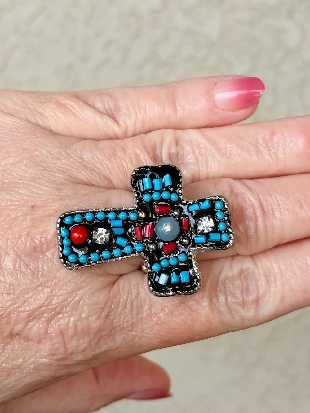 Statement Turquoise & Red Cross Ring - Women Jewelry